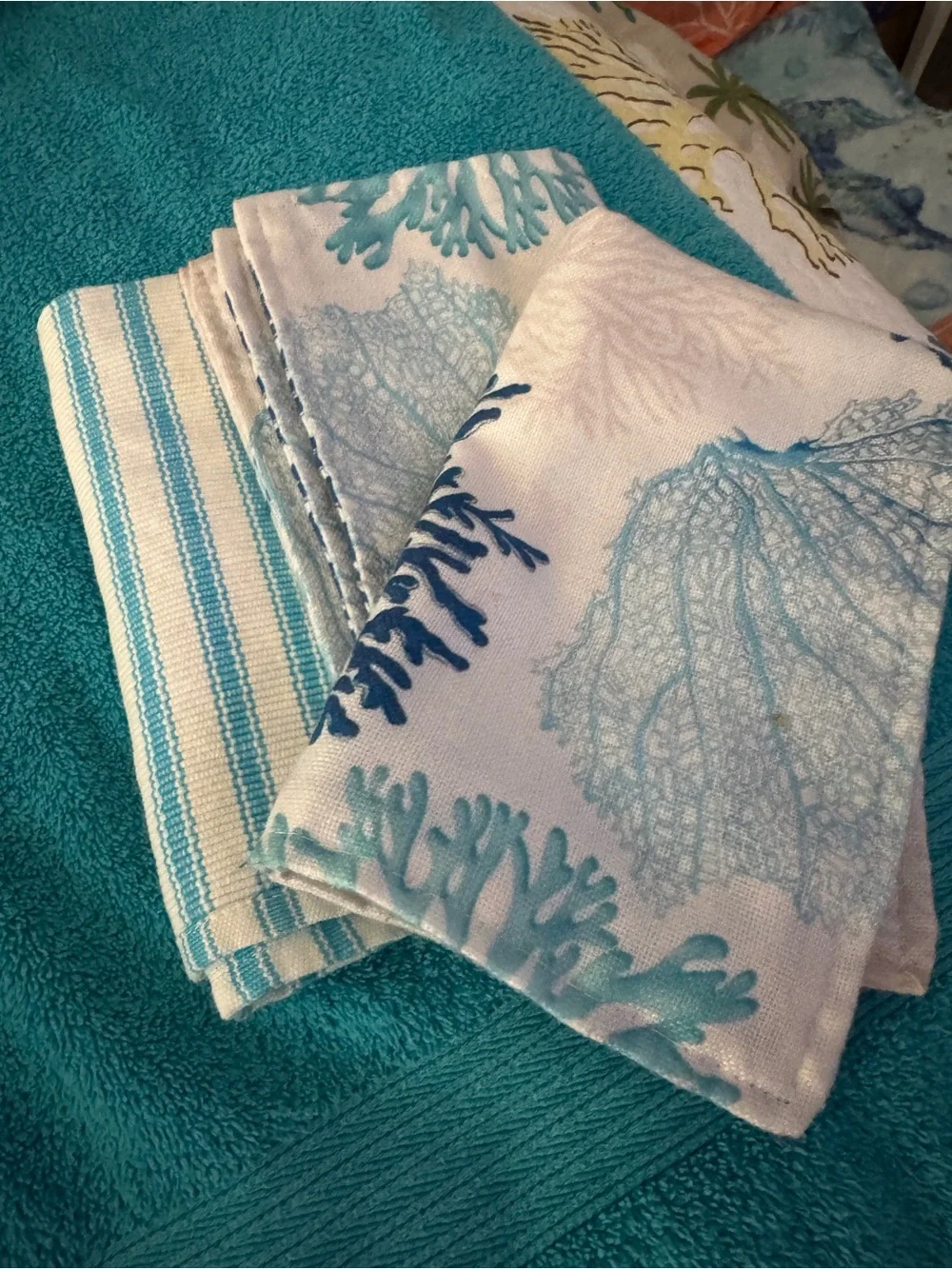 Coastal Coral Pattern  kitchen   Place  mats - Teal & White
